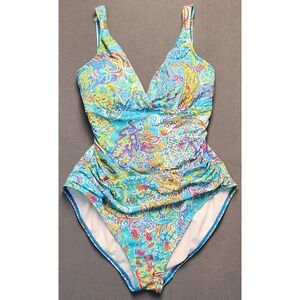 Lauren Ralph Lauren Swimsuit One-Piece Size 8 Paisley Removeable Pad Deep V Neck